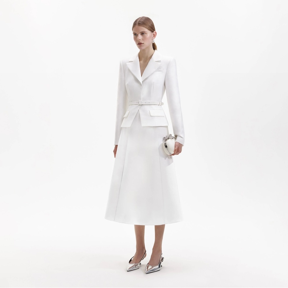 Self-Portrait White Taffeta Midi Dress